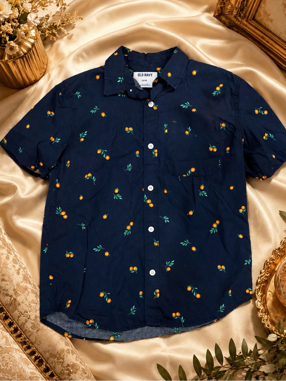 Old Navy Navy Button-Up Shirt with Orange Cherry Print